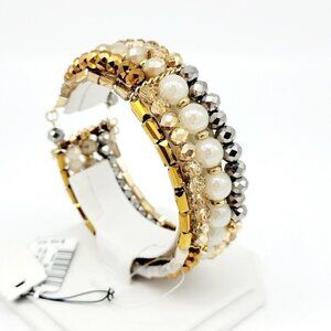 INC 5 Strand Open Memory Wire Bracelet Faceted Crystals Gold & Neutral Tones NWT